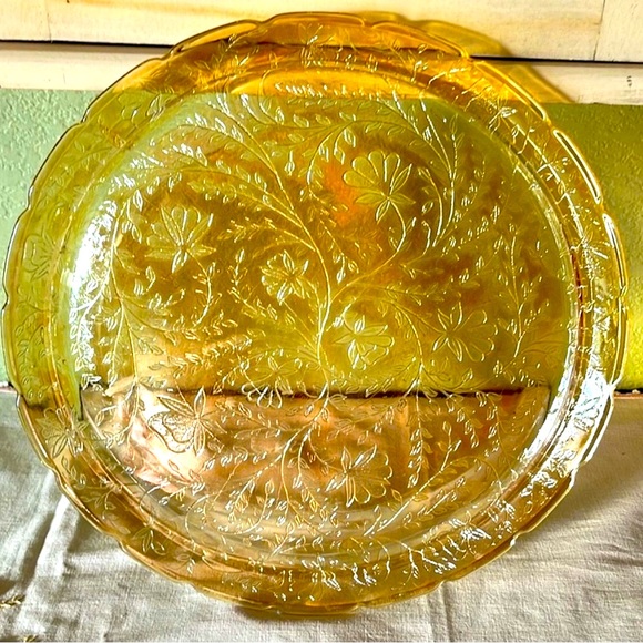 Rare Vintage Floragold Louisa Indented Platter Cake Tray by Jeannette Glass - Picture 1 of 13